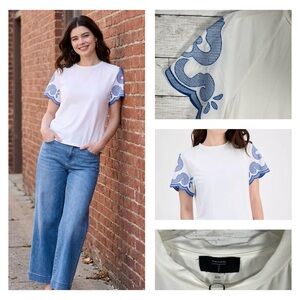 Tahari Scalloped Paisley Embroidered Flutter Sleeve T-Shirt M NWT $68